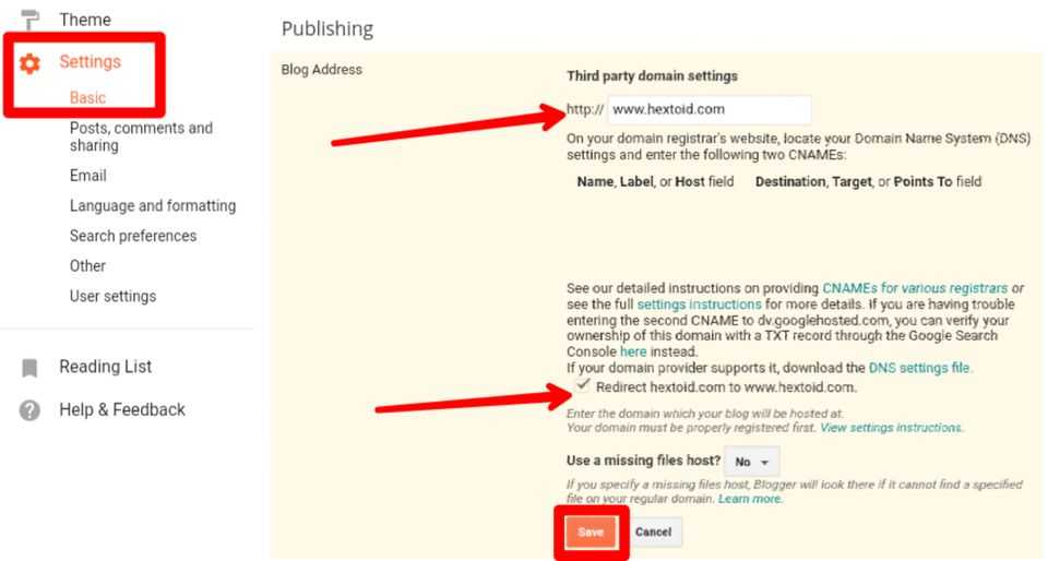 Domain-Forwarding Blogger > Settings > Basic > Redirect > Save