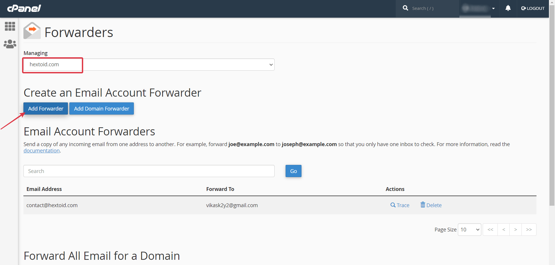 Choose Domain > Click Add Forwarder