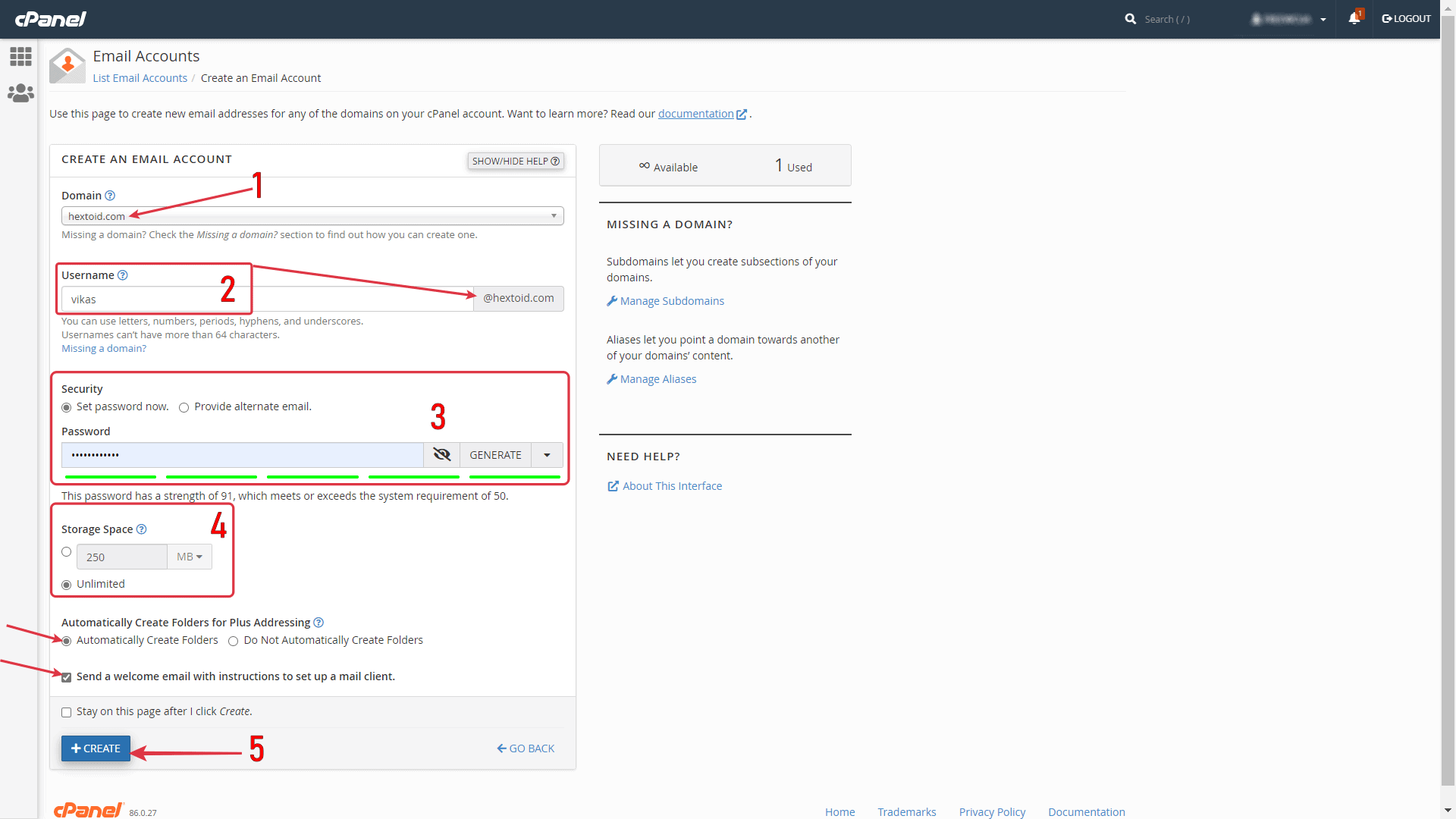 Choose Domain > Enter Username > Enter Password > Select Storage > Click Create