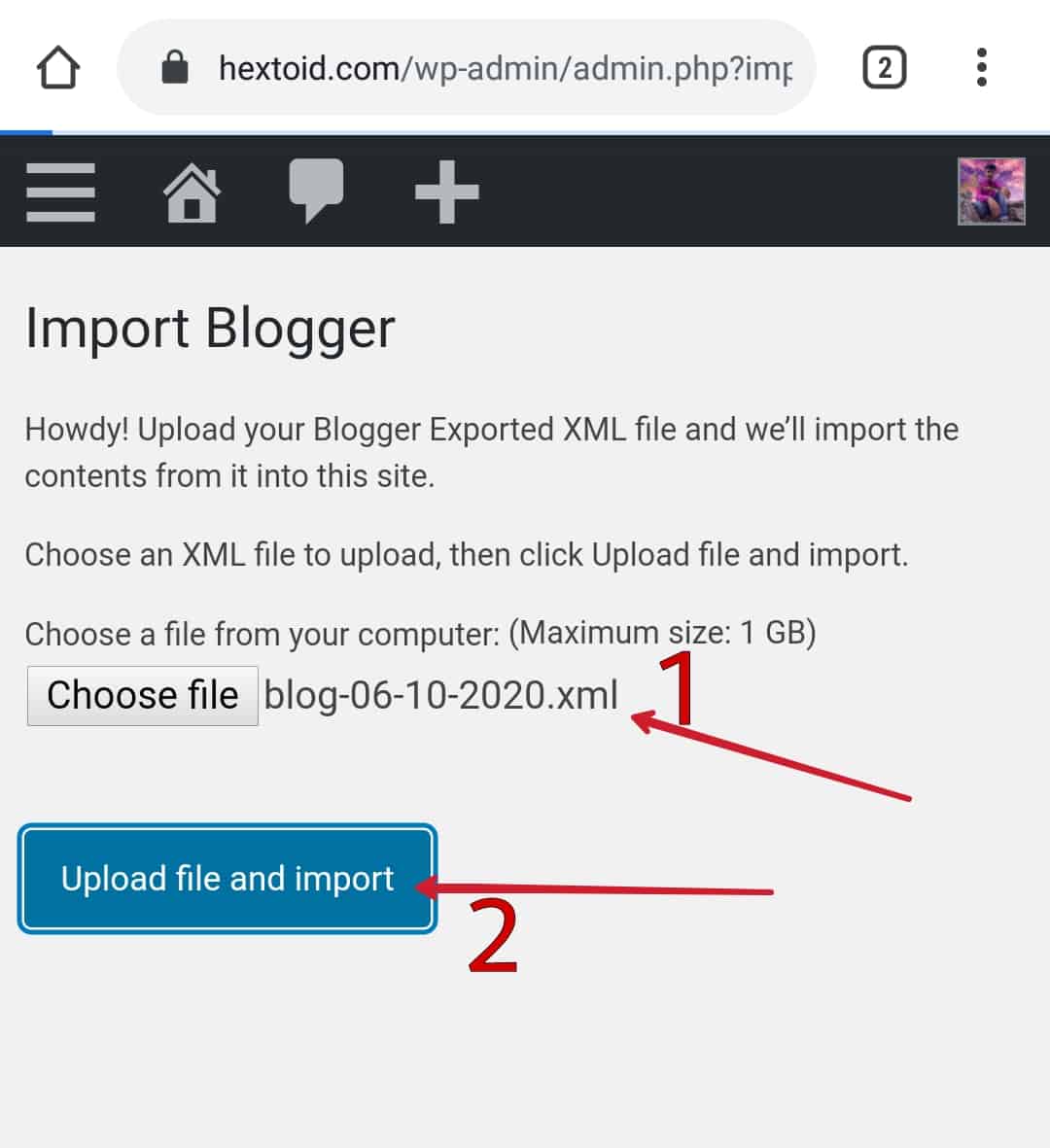 Choose and upload Blogger XML file