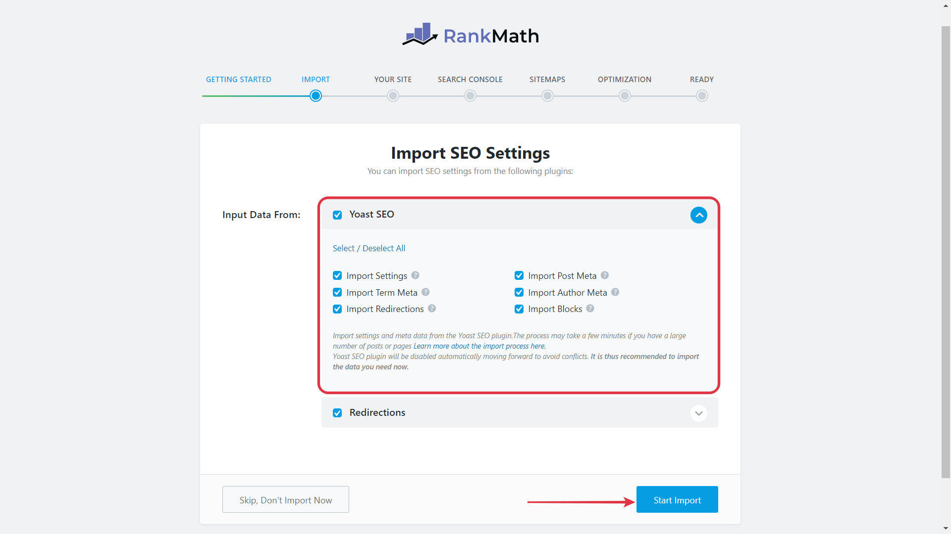 Click Start Import To Migrate all the data from Yoast To Rank Math