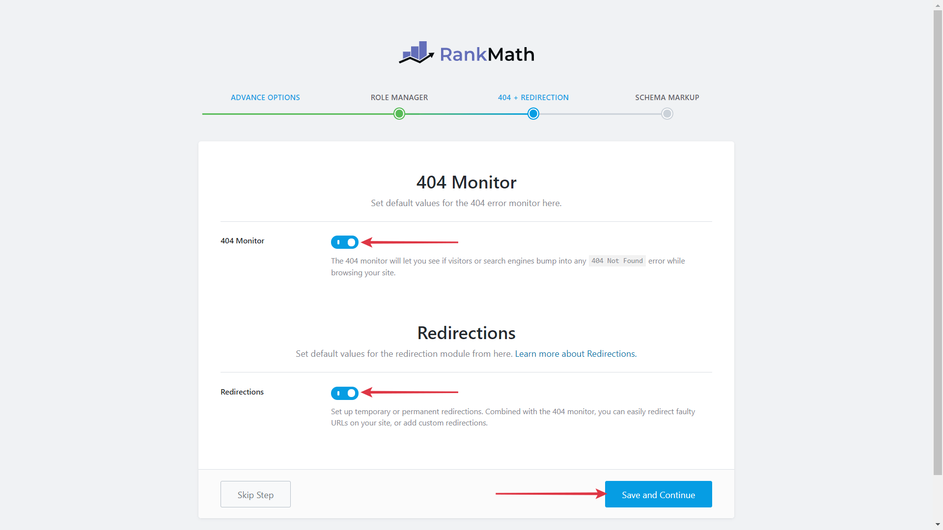Enable 404 Monitor and Redirections Save and Continue