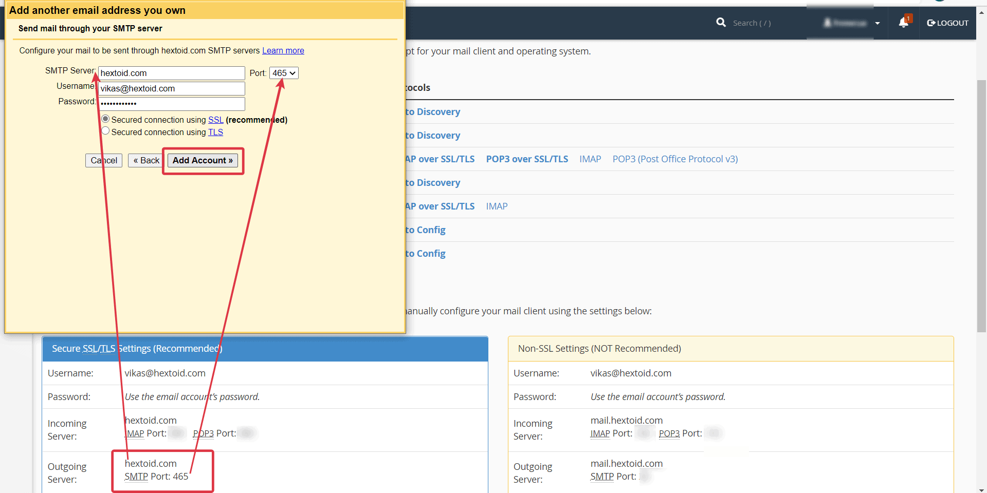 Enter SMTP Server > Username > Password > Port > Click Add Account