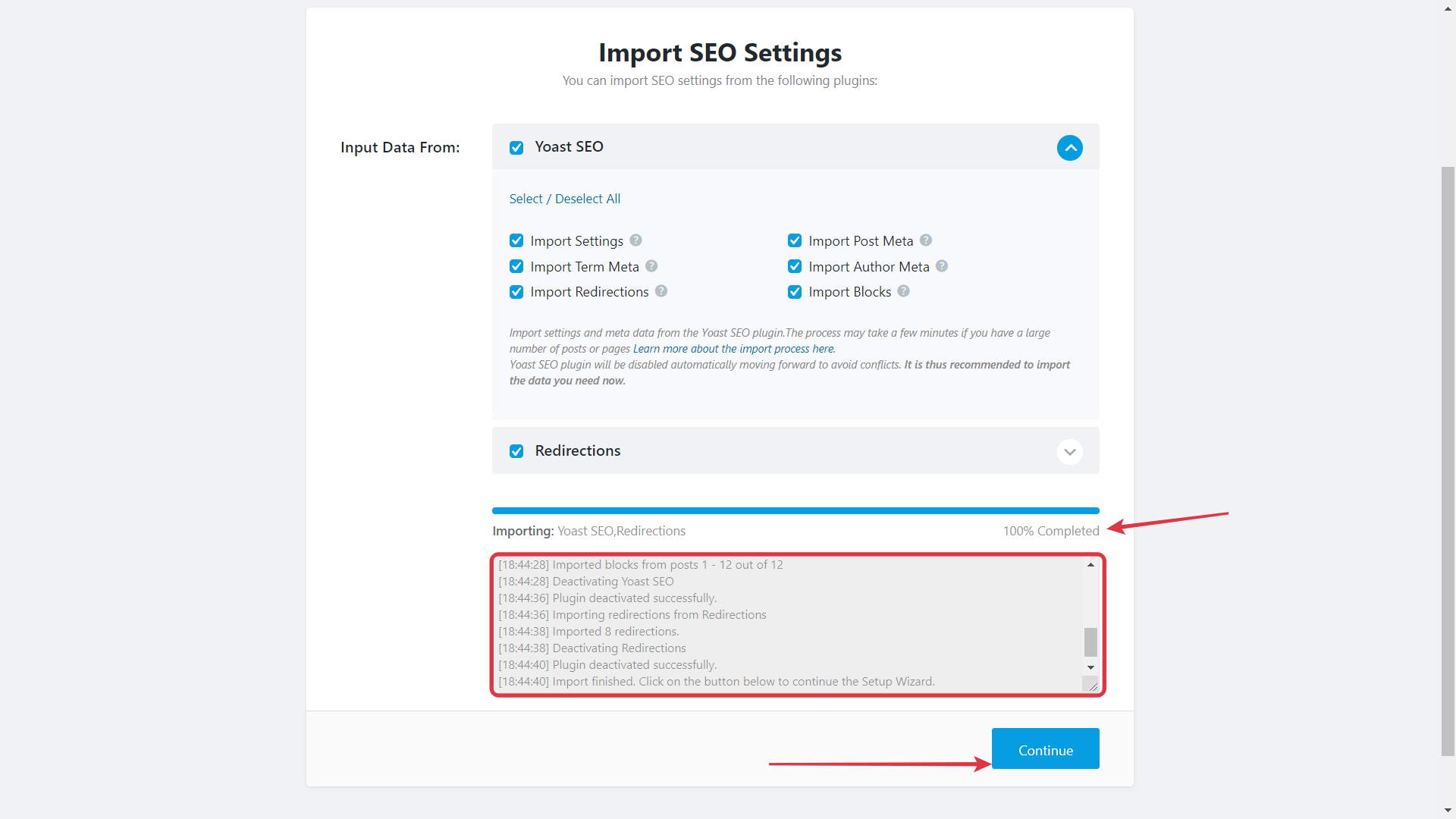 Files and Settings Imported from redirections and yoast to rank math