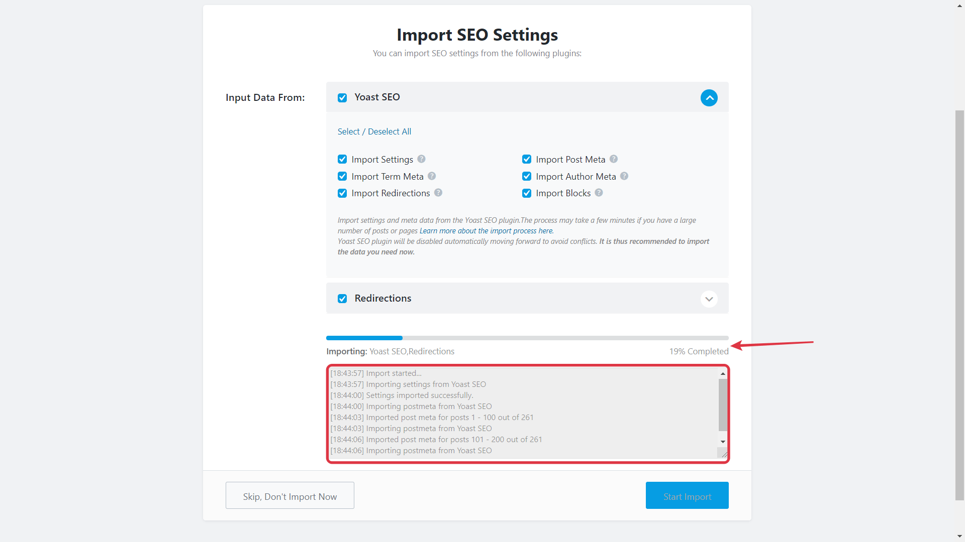 Files and Settings Importing from redirections & yoast to rank math