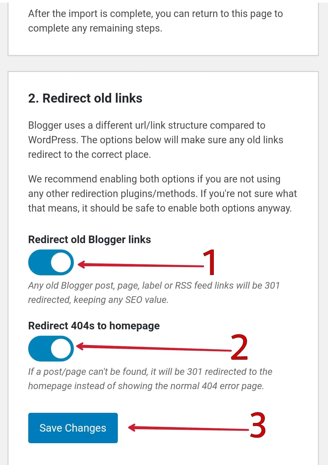 Enable Redirect old Blogger links & Redirect 404s to homepage