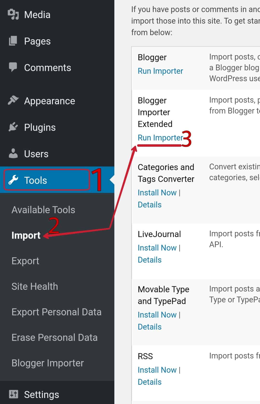 Tools > Import > Click Run under "Blogger Importer Extended"