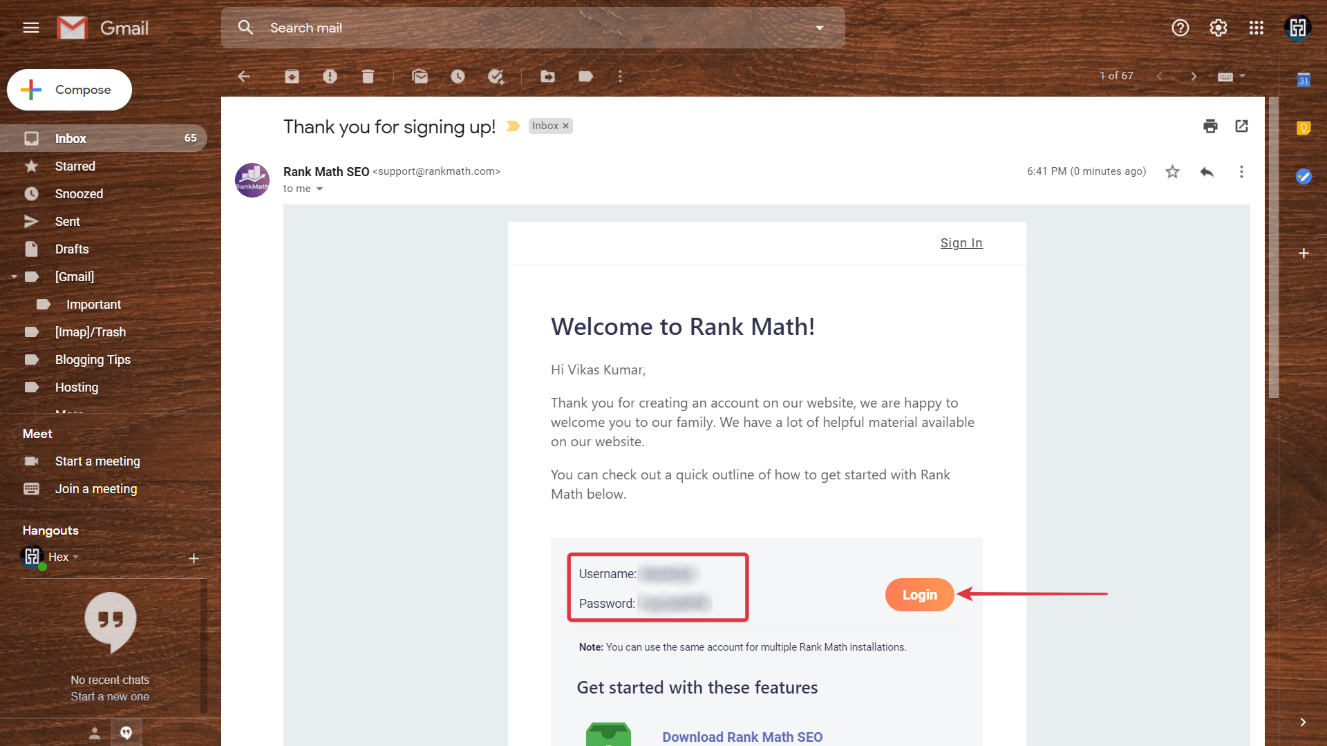 username and password sent on email