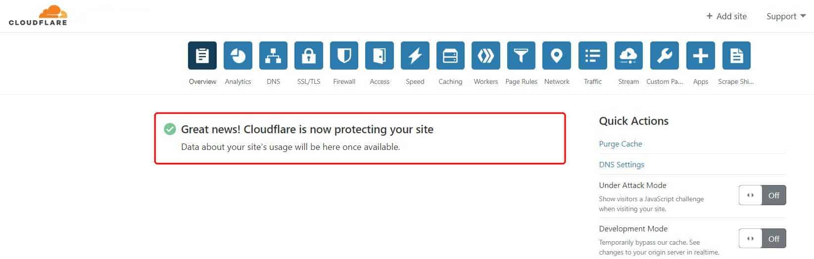 Great news! Cloudflare is now protecting your site