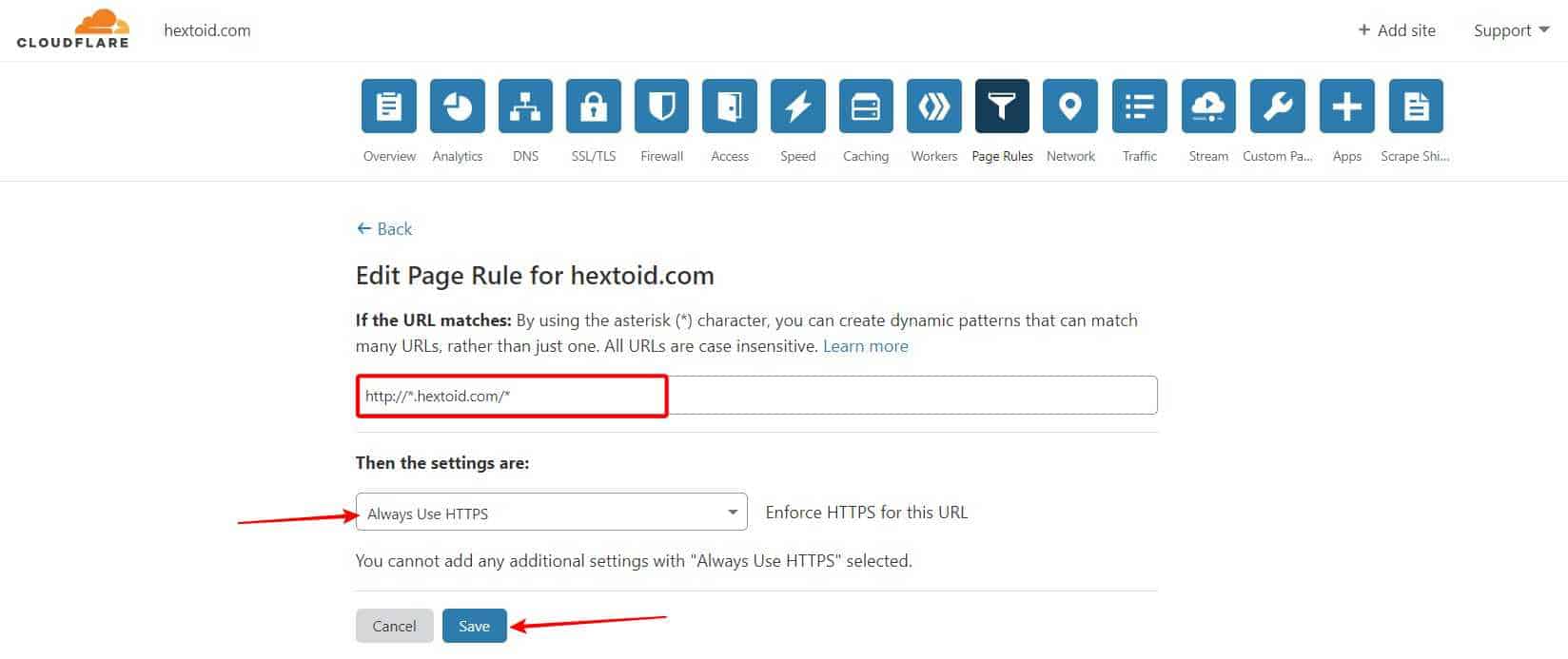 Enter Page Rule Choose HTTPS Save