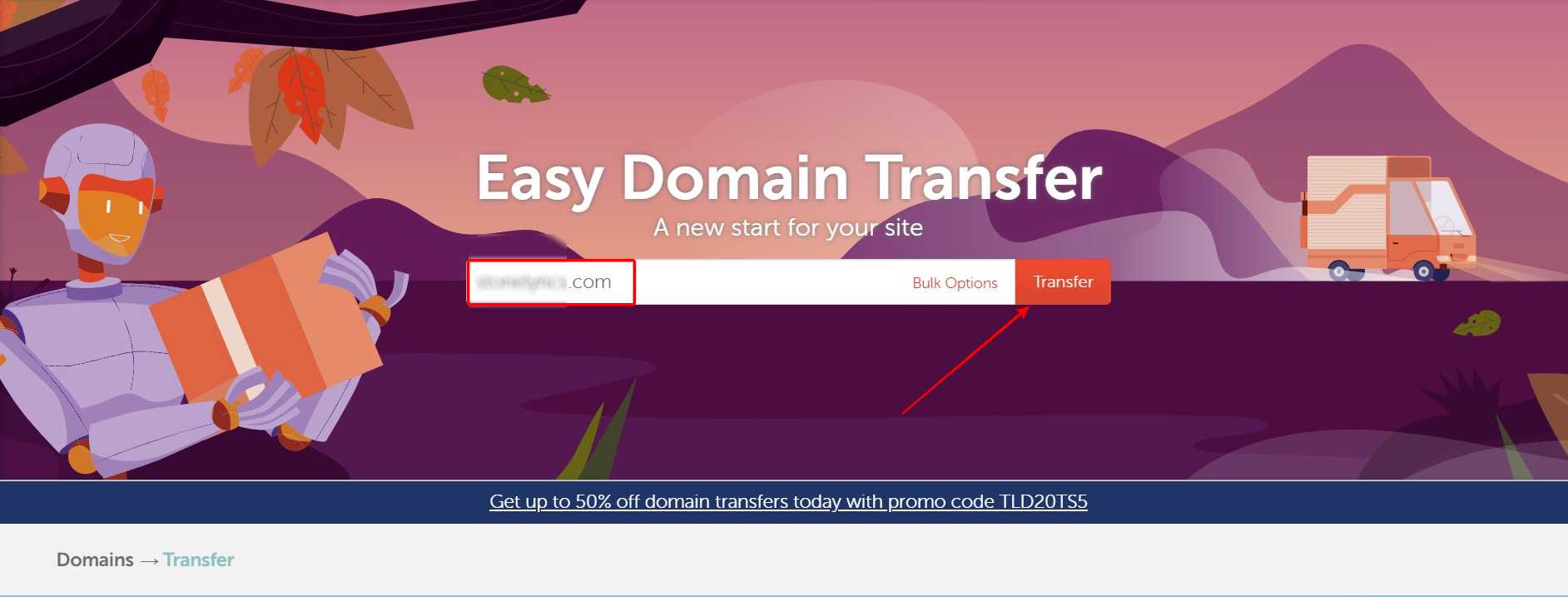 Enter domain name > Click Transfer