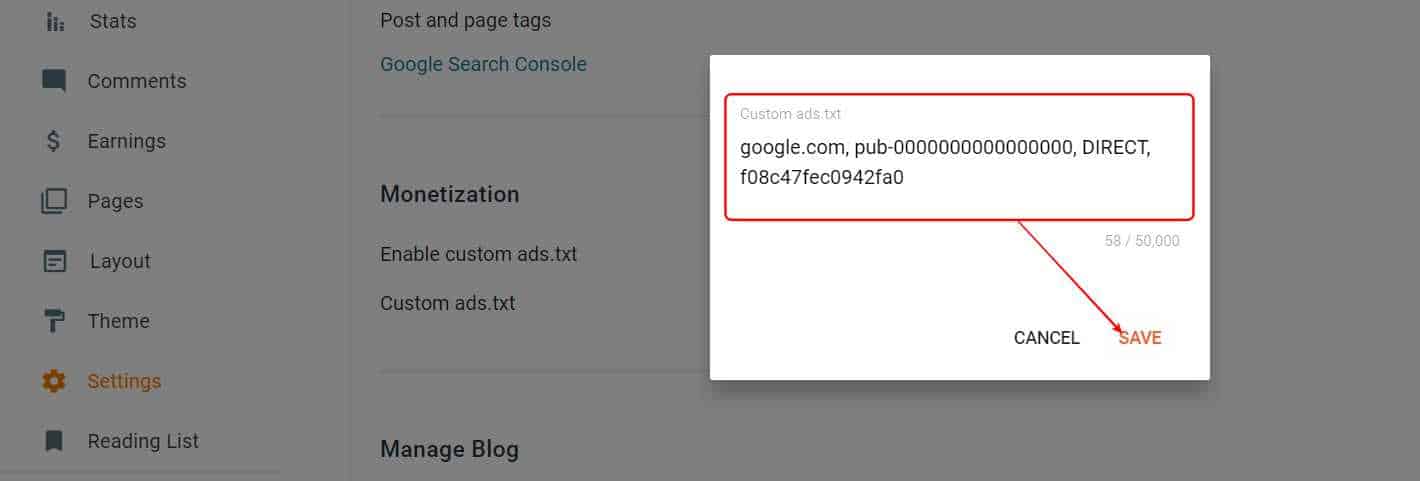 enter the ads.txt > save