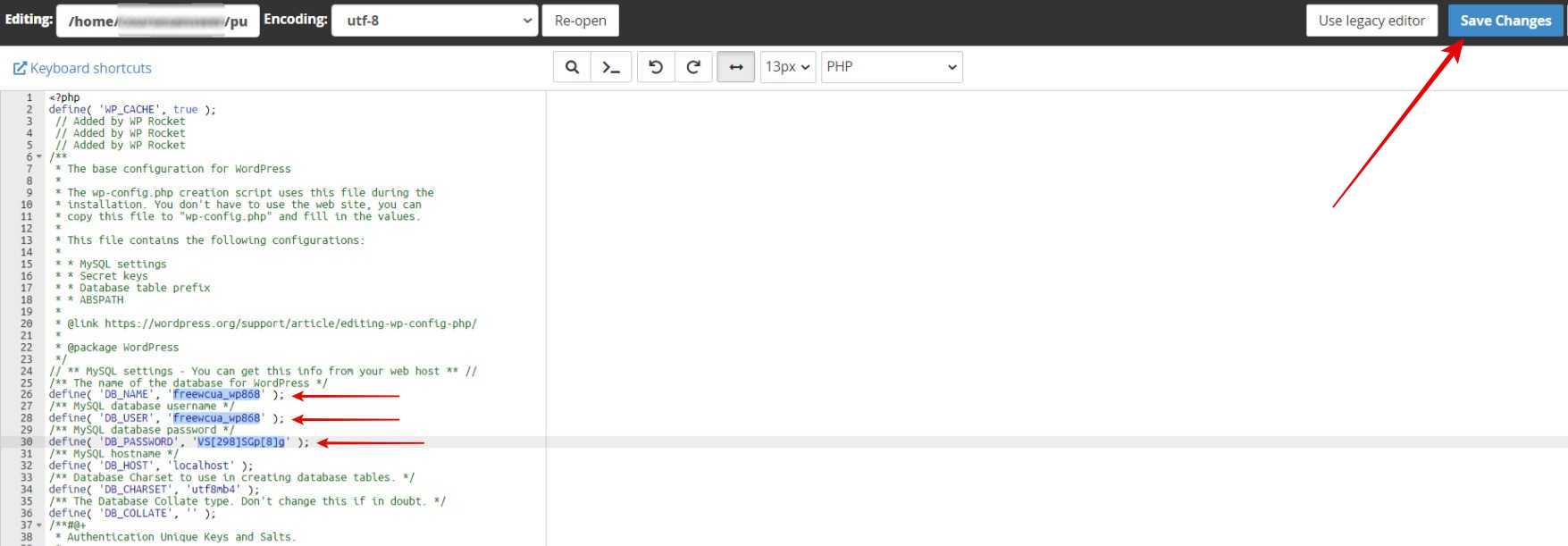 Change old DB_NAME, DB_USER, and DB_PASSWORD with Newly created