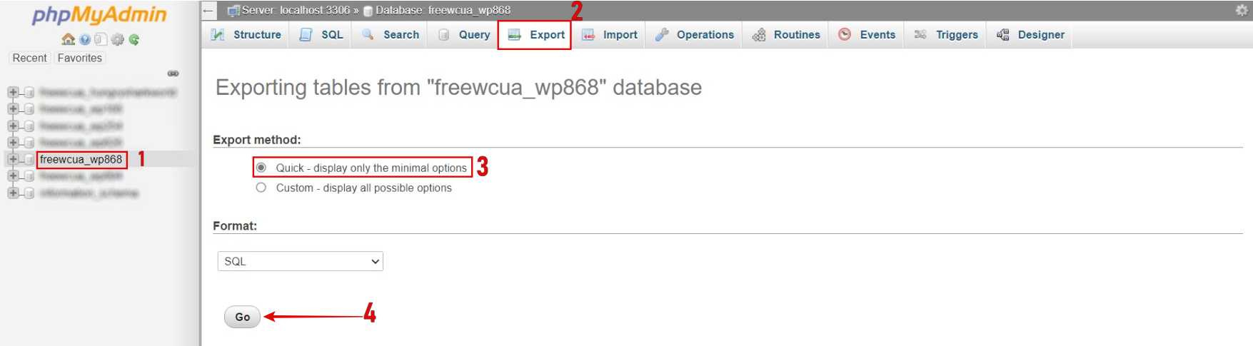 Click on the DB_NAME that you copied > Export > Go