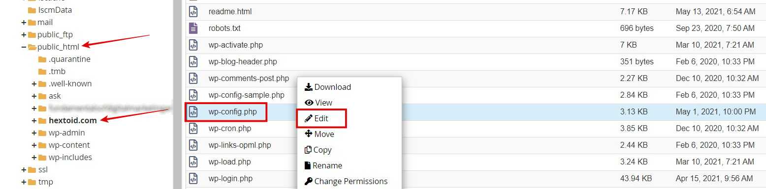 Navigate to the domain folder in file manager > Find wp-config.php file > Right-click & edit
