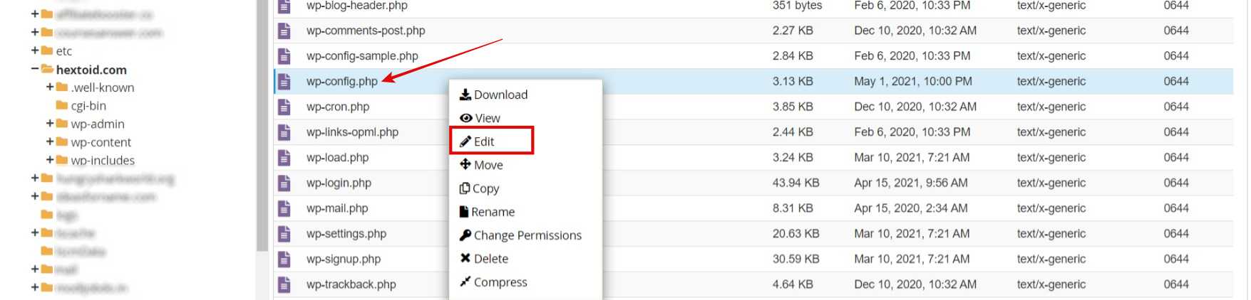 Navigate to the domain folder in file manager > Find wp-config.php file > Right-click & edit
