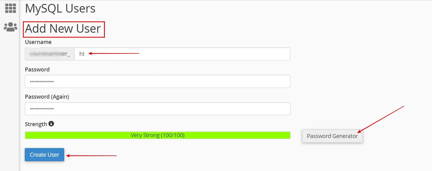 Scroll down to Add New User section > Enter database username (DB_USER) (to avoid confusion keep it same as DB_NAME) > Password Generator (Copy the generated Password) > Create User