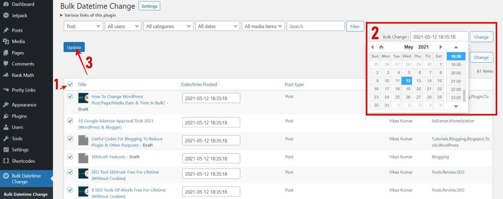 Select all the posts > Choose Date & Time > Click Change > Update