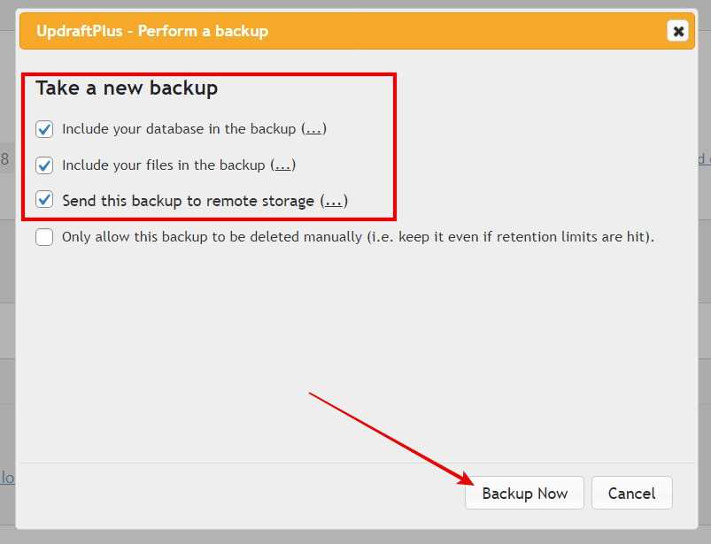 Tick these 3 options > Click Backup Now