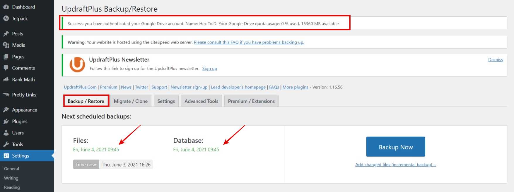 The success message will appear at the top & the next backup will be automatically scheduled