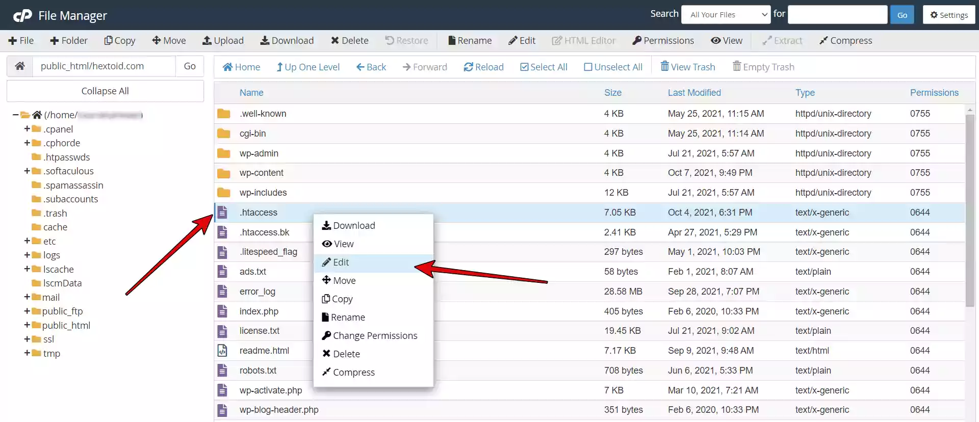 Step 2: Find the .htaccess file of your domain > right click > Edit
